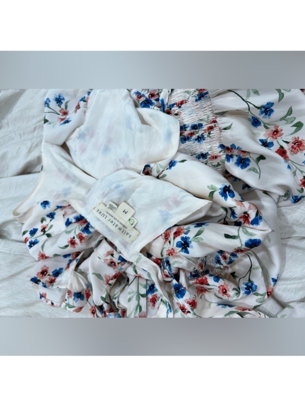 Saltwater Luxe Smocked Floral Mini Dress - Cream, Blue, Pink M - Picture 3 of 3